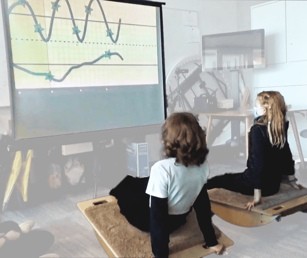 Two girls rock front-to-back seated on large rockable boards, looking up at two projected graphs they are making. The graphs are sinusoids of different frequencies and similar amplitudes and show green stars at peaks and troughs.