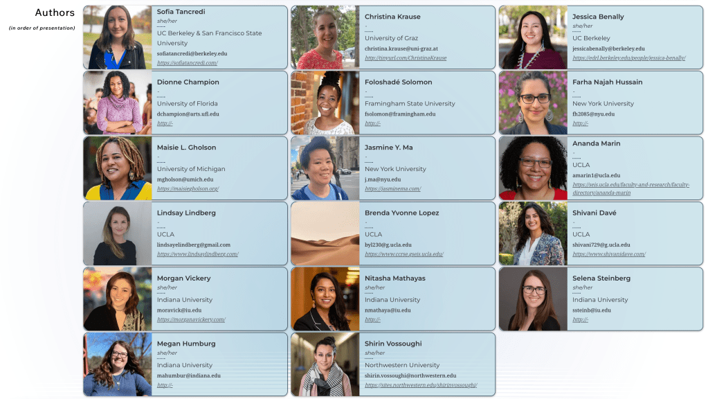 List of presenters: Sofia Tancredi, UC Berkeley & San Francisco State University. Christina Krause, University of Graz. Jessica Benally, UC Berkeley. Dionne Champion, University of Florida. Foloshadé Solomon, Framingham State University. Farha Najah Hussain, New York University. Maisie L. Gholson, University of Michigan. Jasmine Y. Ma, New York University. Ananda Marin, UCLA. Lindsay Lindberg, UCLA. Brenda Yvonne Lopez, UCLA. Shivani Davé, UCLA. Morgan Vickery, Indiana University. Nitasha Mathayas, Indiana University.Selena Steinberg, Indiana University. Megan Humburg, Indiana University