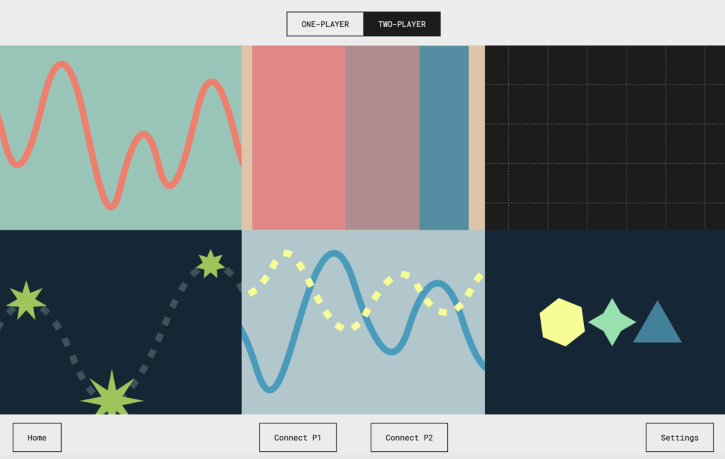 Screenshot of the landing page for the BBM web version: 6 rectangles in rows of 3, each showing a symbolic representation of a BBM activity, such as graphs (multiple overlapping sinusoids; a graph with stars at apex points), rectangles of different colors, shapes, and a coordinate grid.