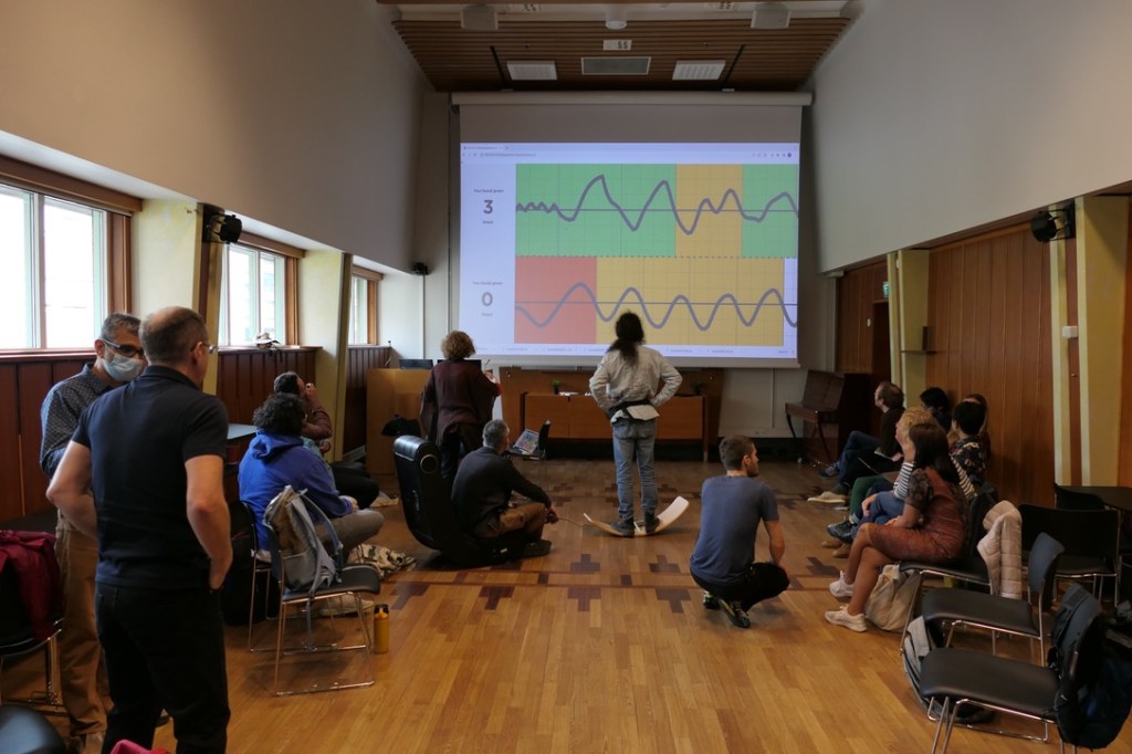 A group of researchers in a larger room watches a pair generate graphs on a large projected display. Each period of the functions they produce is a different color depending on its frequency.