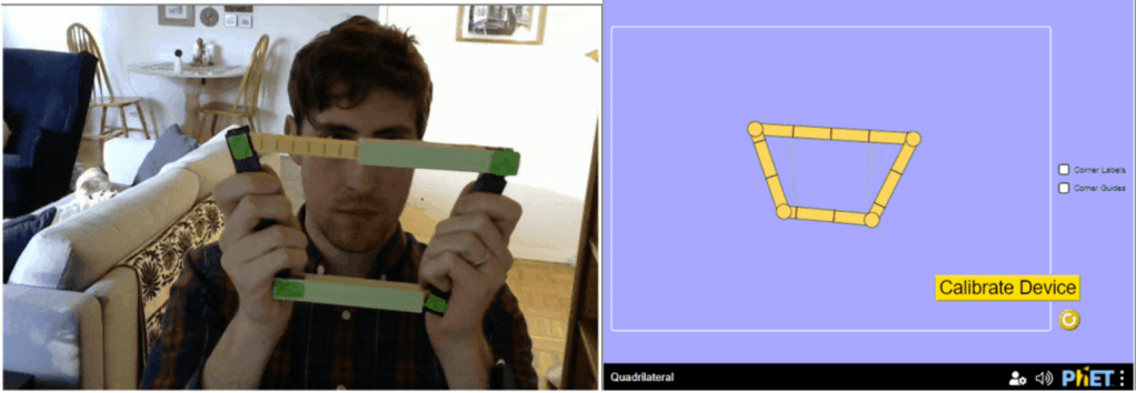 Side by side images showing someone holding a 3d-printed tangible quadrilateral being tracked with computer vision, and a digital quadrilateral that is matching its shape.